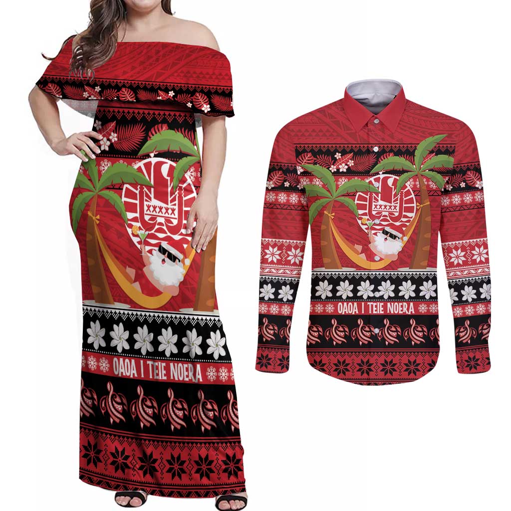 French Polynesia Christmas Couples Matching Off Shoulder Maxi Dress and Long Sleeve Button Shirt Tiare Chilling Santa Oaoa I teie Noera - Polynesian Pride