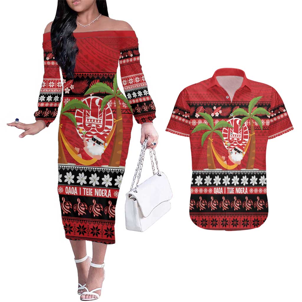 French Polynesia Christmas Couples Matching Off The Shoulder Long Sleeve Dress and Hawaiian Shirt Tiare Chilling Santa Oaoa I teie Noera LT14 Red - Polynesian Pride