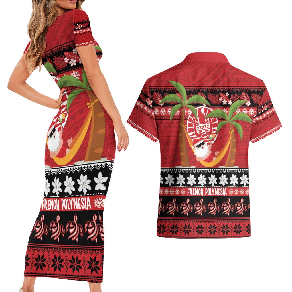 French Polynesia Christmas Couples Matching Short Sleeve Bodycon Dress and Hawaiian Shirt Tiare Chilling Santa Oaoa I teie Noera LT14 - Polynesian Pride