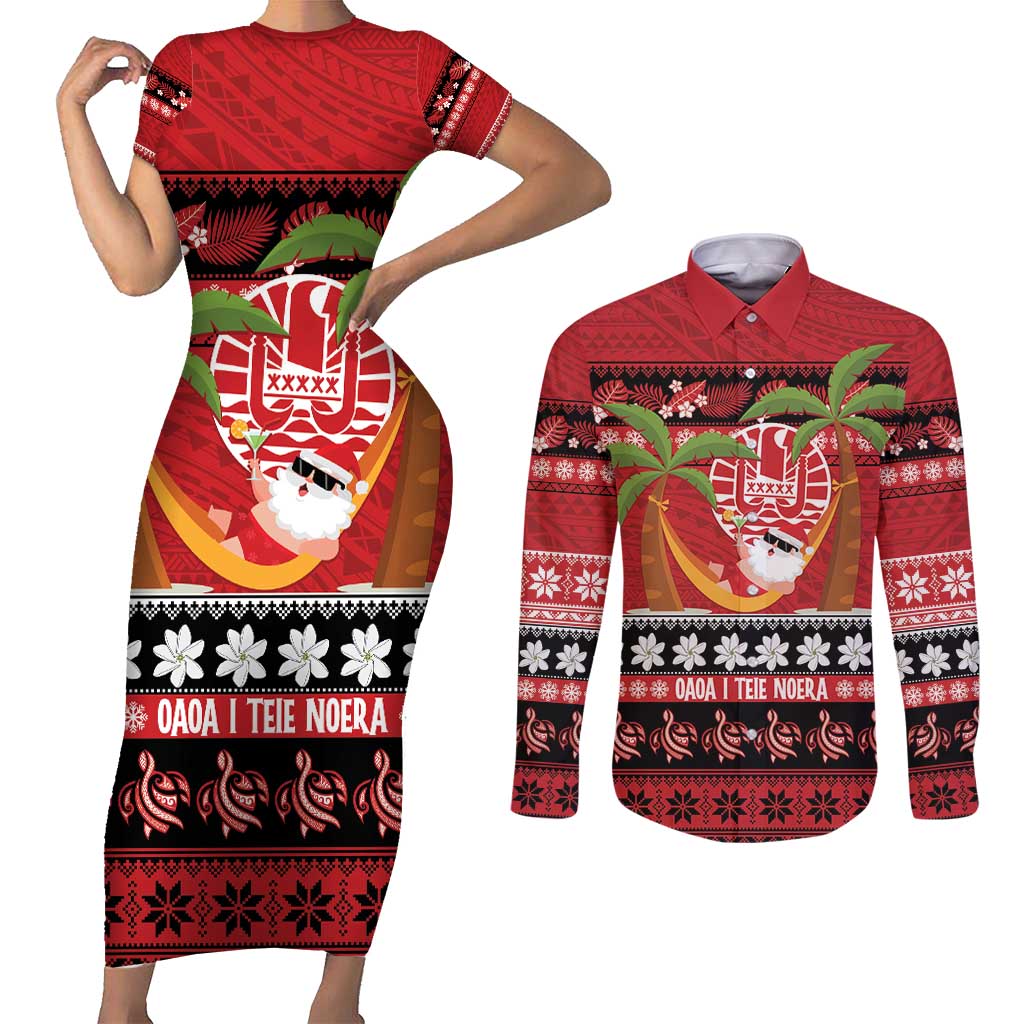 French Polynesia Christmas Couples Matching Short Sleeve Bodycon Dress and Long Sleeve Button Shirt Tiare Chilling Santa Oaoa I teie Noera LT14 Red - Polynesian Pride
