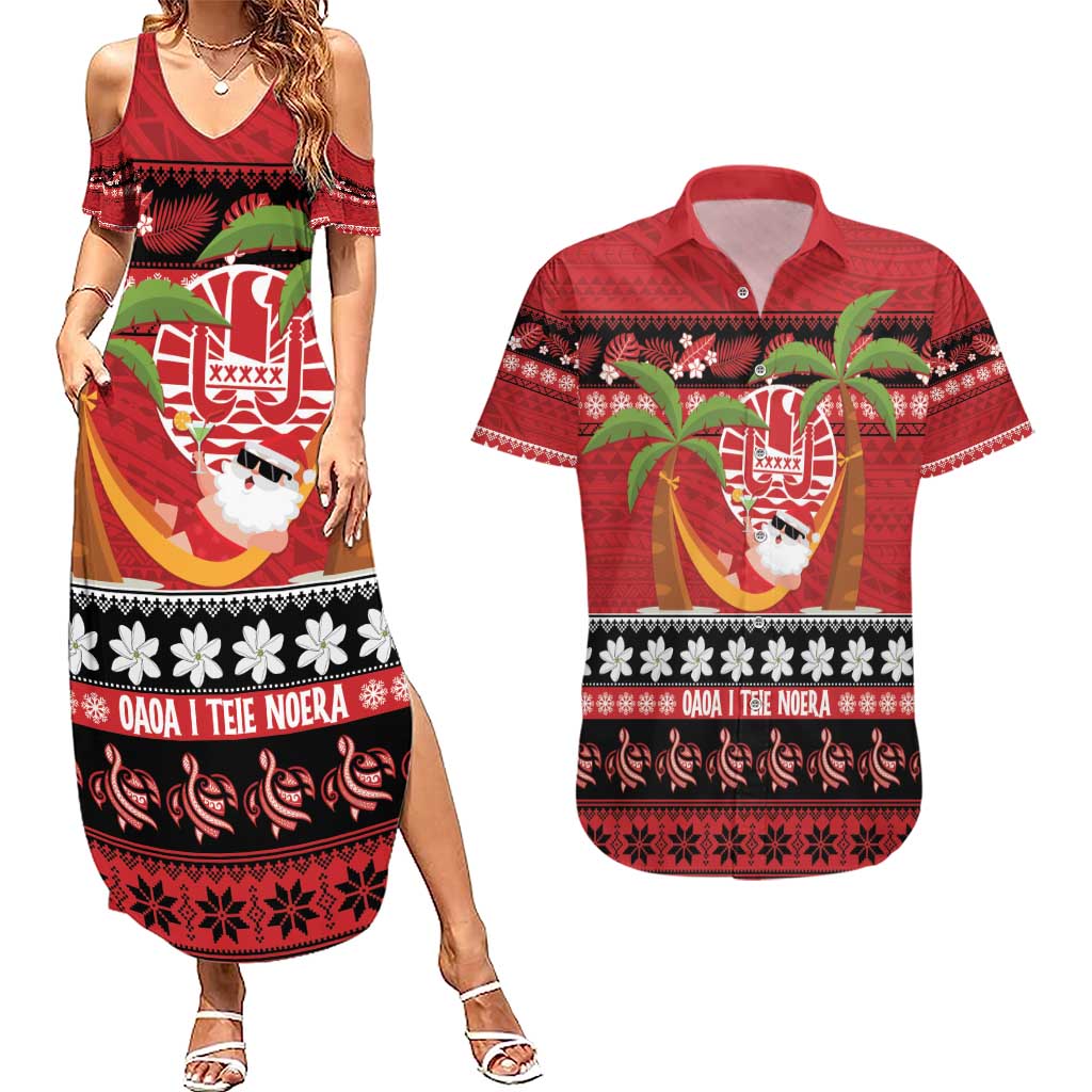 French Polynesia Christmas Couples Matching Summer Maxi Dress and Hawaiian Shirt Tiare Chilling Santa Oaoa I teie Noera - Polynesian Pride