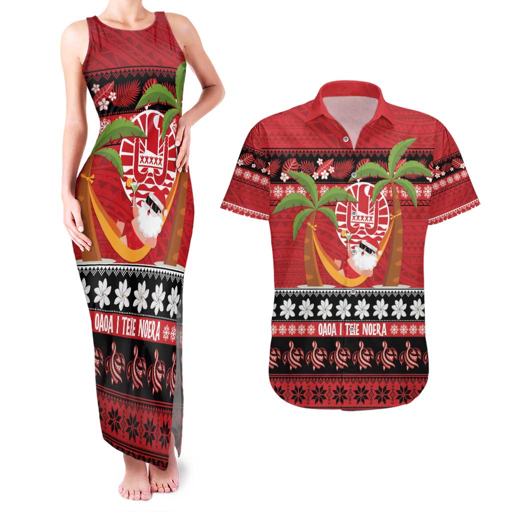 French Polynesia Christmas Couples Matching Tank Maxi Dress and Hawaiian Shirt Tiare Chilling Santa Oaoa I teie Noera LT14 Red - Polynesian Pride