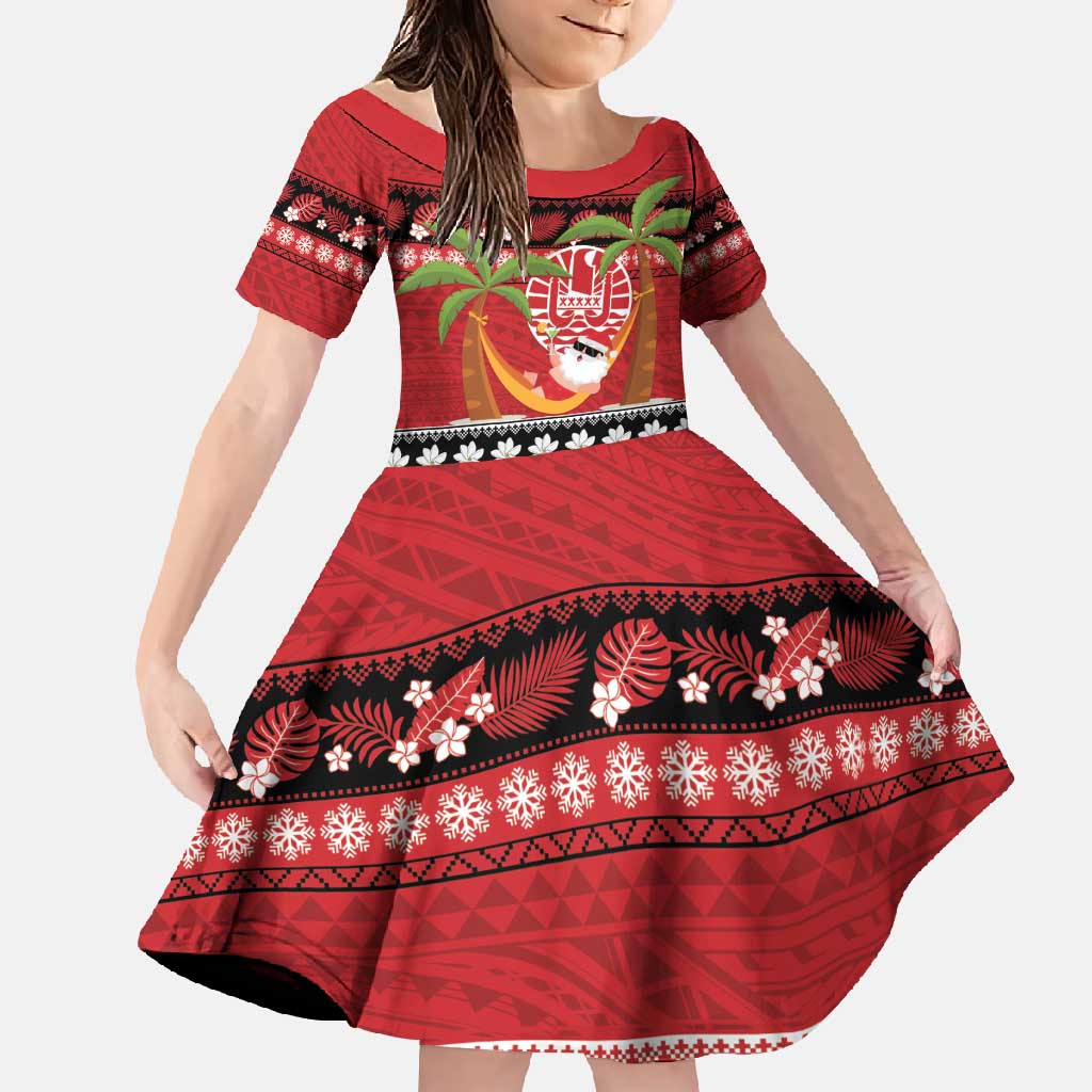 French Polynesia Christmas Family Matching Long Sleeve Bodycon Dress and Hawaiian Shirt Tiare Chilling Santa Oaoa I teie Noera LT14 Daughter's Dress Red - Polynesian Pride