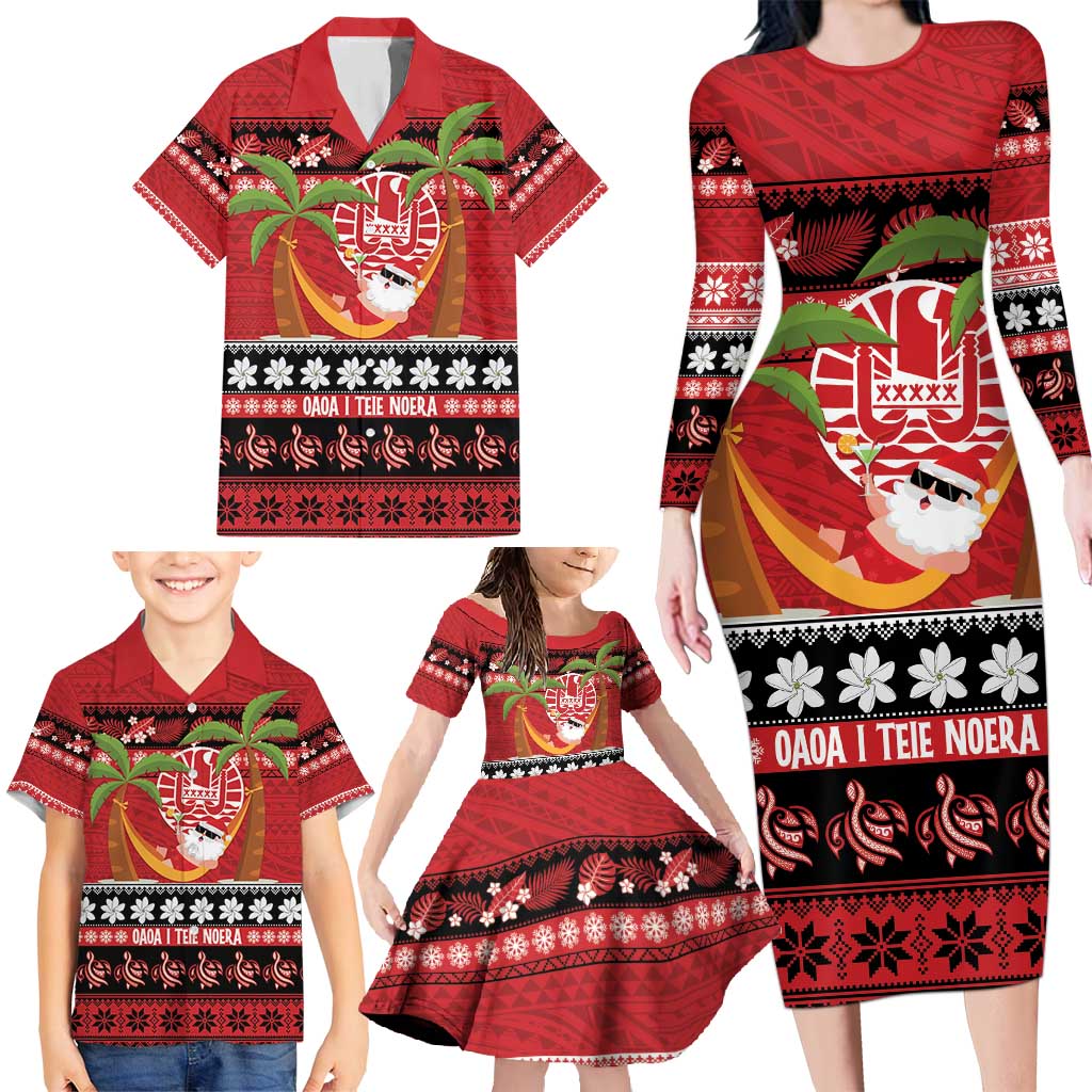French Polynesia Christmas Family Matching Long Sleeve Bodycon Dress and Hawaiian Shirt Tiare Chilling Santa Oaoa I teie Noera LT14 - Polynesian Pride