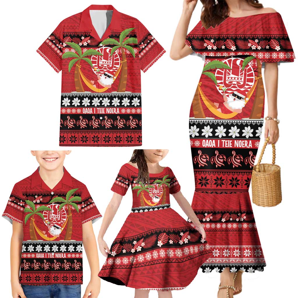 French Polynesia Christmas Family Matching Mermaid Dress and Hawaiian Shirt Tiare Chilling Santa Oaoa I teie Noera LT14 - Polynesian Pride