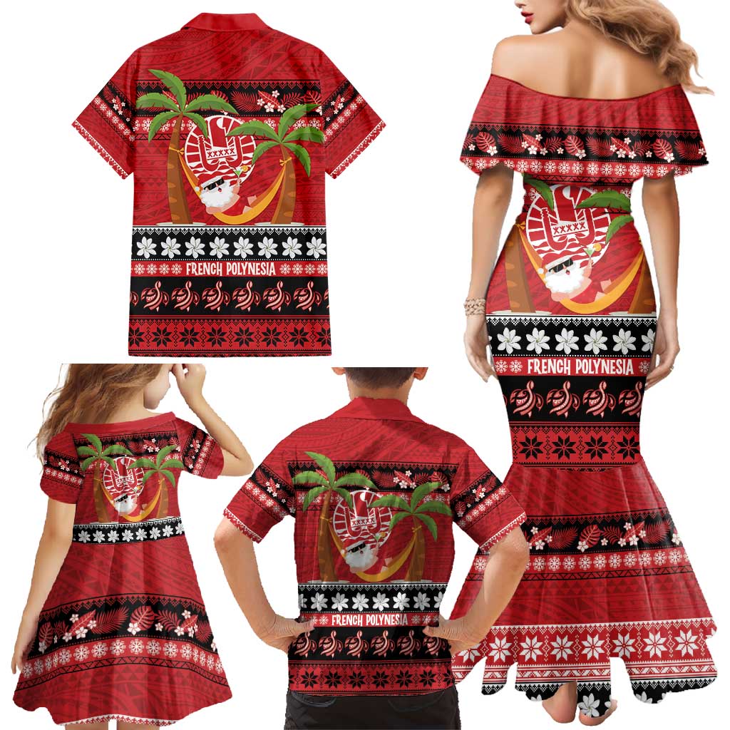 French Polynesia Christmas Family Matching Mermaid Dress and Hawaiian Shirt Tiare Chilling Santa Oaoa I teie Noera LT14 - Polynesian Pride
