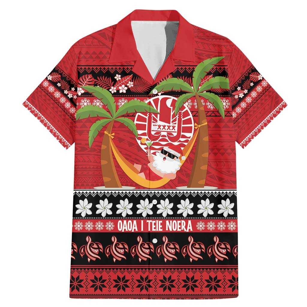 French Polynesia Christmas Family Matching Mermaid Dress and Hawaiian Shirt Tiare Chilling Santa Oaoa I teie Noera LT14 Dad's Shirt - Short Sleeve Red - Polynesian Pride