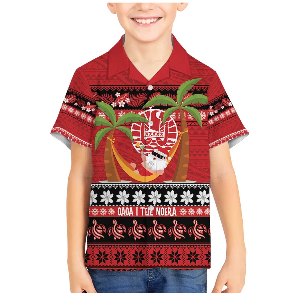 French Polynesia Christmas Family Matching Mermaid Dress and Hawaiian Shirt Tiare Chilling Santa Oaoa I teie Noera LT14 Son's Shirt Red - Polynesian Pride