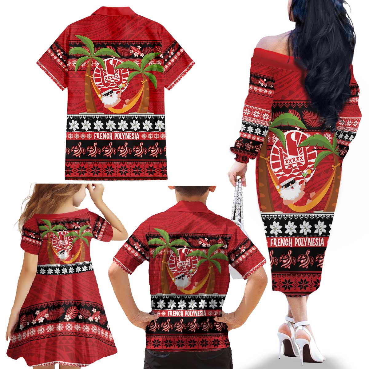 French Polynesia Christmas Family Matching Off The Shoulder Long Sleeve Dress and Hawaiian Shirt Tiare Chilling Santa Oaoa I teie Noera LT14 - Polynesian Pride