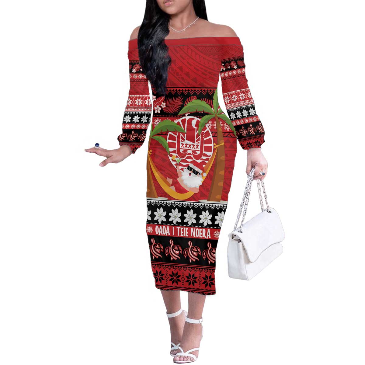 French Polynesia Christmas Family Matching Off The Shoulder Long Sleeve Dress and Hawaiian Shirt Tiare Chilling Santa Oaoa I teie Noera LT14 Mom's Dress Red - Polynesian Pride