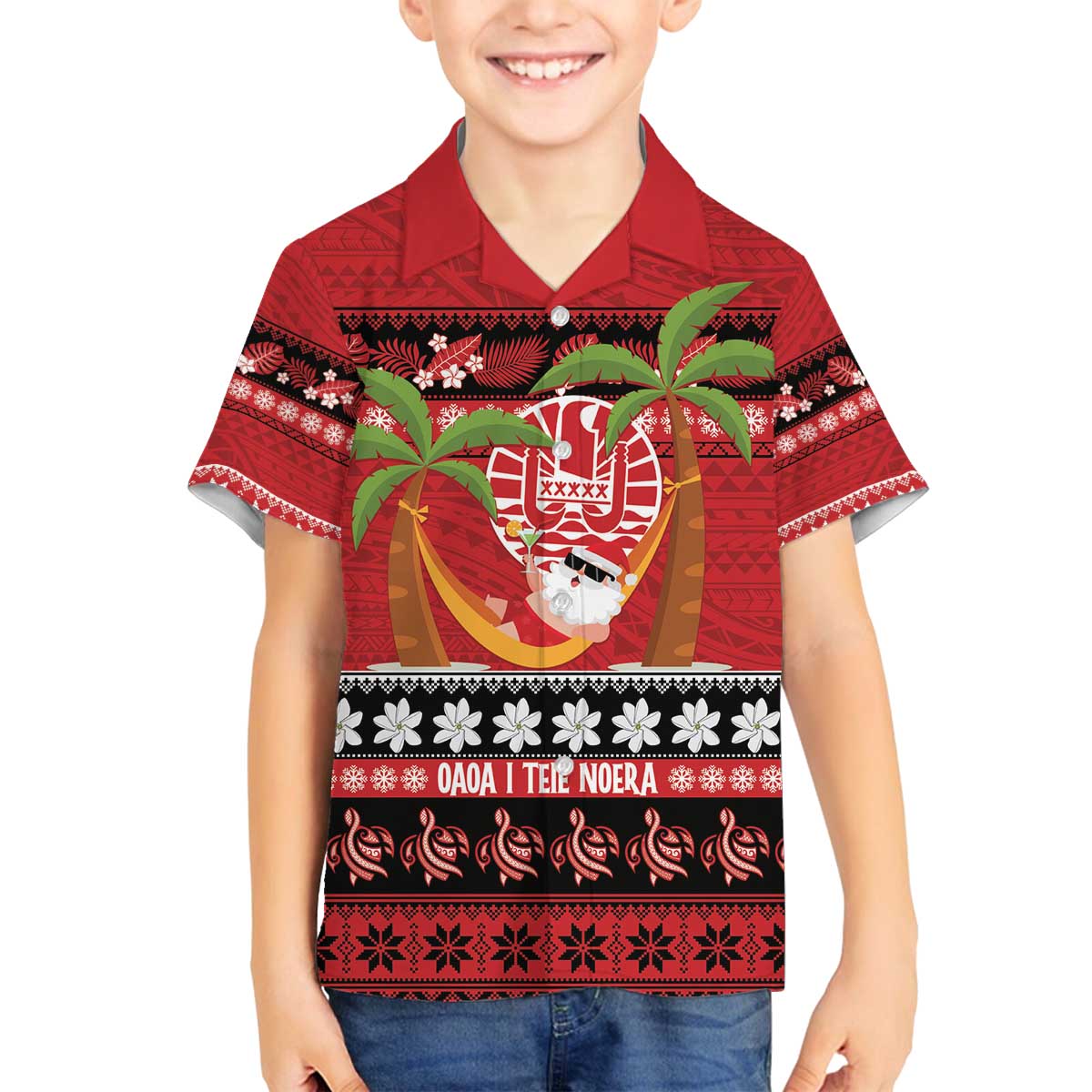 French Polynesia Christmas Family Matching Off The Shoulder Long Sleeve Dress and Hawaiian Shirt Tiare Chilling Santa Oaoa I teie Noera LT14 Son's Shirt Red - Polynesian Pride