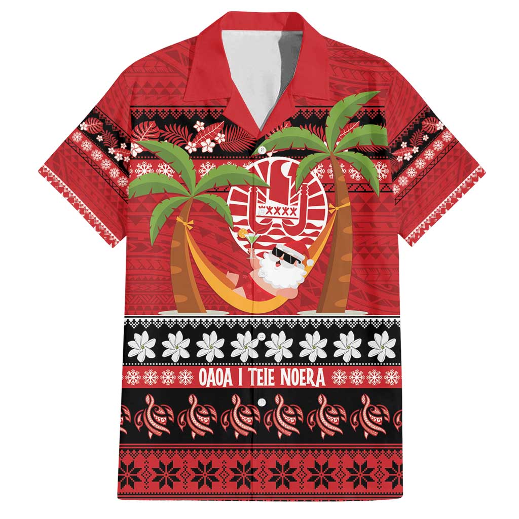 French Polynesia Christmas Family Matching Off Shoulder Maxi Dress and Hawaiian Shirt Tiare Chilling Santa Oaoa I teie Noera LT14 Dad's Shirt - Short Sleeve Red - Polynesian Pride