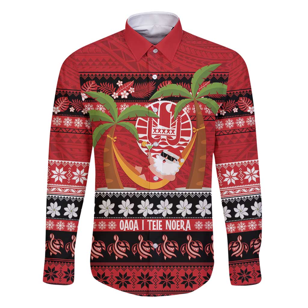 French Polynesia Christmas Family Matching Off Shoulder Maxi Dress and Hawaiian Shirt Tiare Chilling Santa Oaoa I teie Noera LT14 Dad's Shirt - Long Sleeve Red - Polynesian Pride