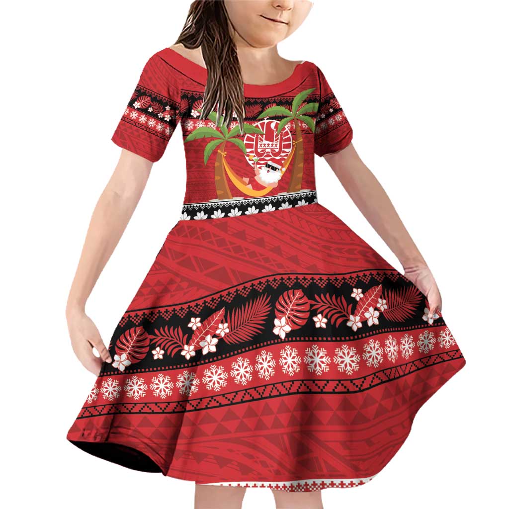 French Polynesia Christmas Family Matching Off Shoulder Short Dress and Hawaiian Shirt Tiare Chilling Santa Oaoa I teie Noera LT14 Daughter's Dress Red - Polynesian Pride