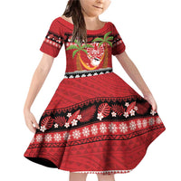 French Polynesia Christmas Family Matching Off Shoulder Short Dress and Hawaiian Shirt Tiare Chilling Santa Oaoa I teie Noera LT14 Daughter's Dress Red - Polynesian Pride