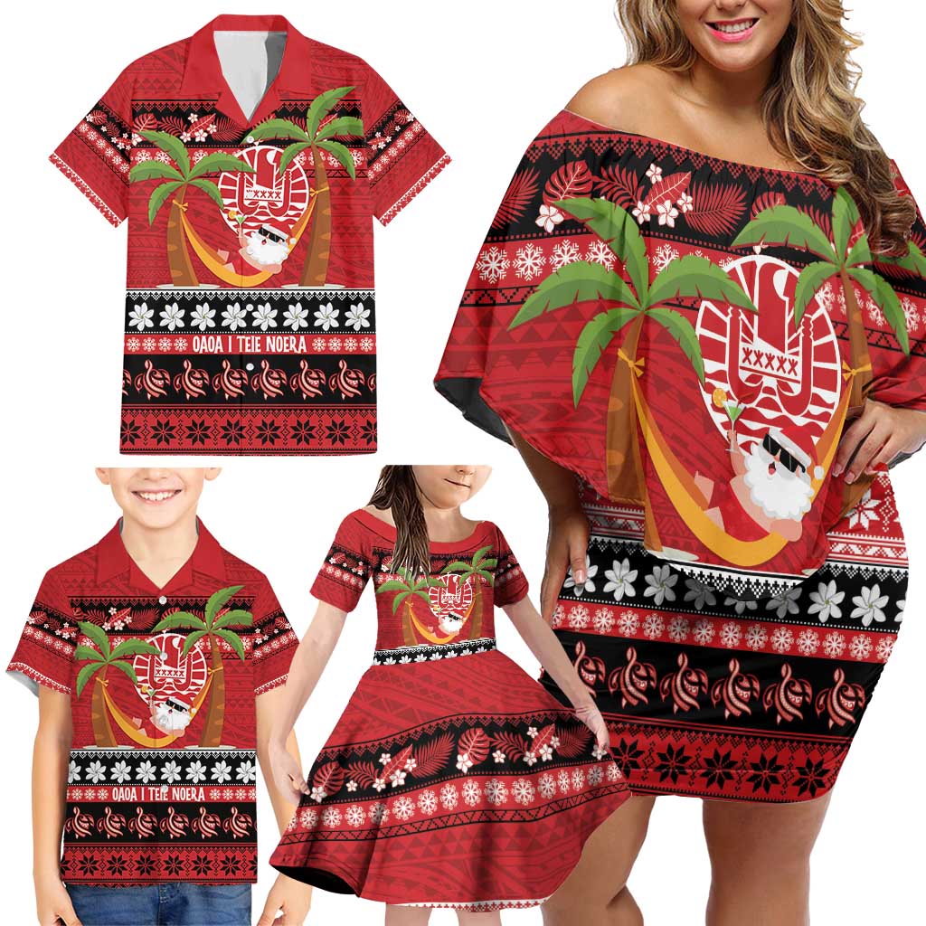 French Polynesia Christmas Family Matching Off Shoulder Short Dress and Hawaiian Shirt Tiare Chilling Santa Oaoa I teie Noera LT14 - Polynesian Pride