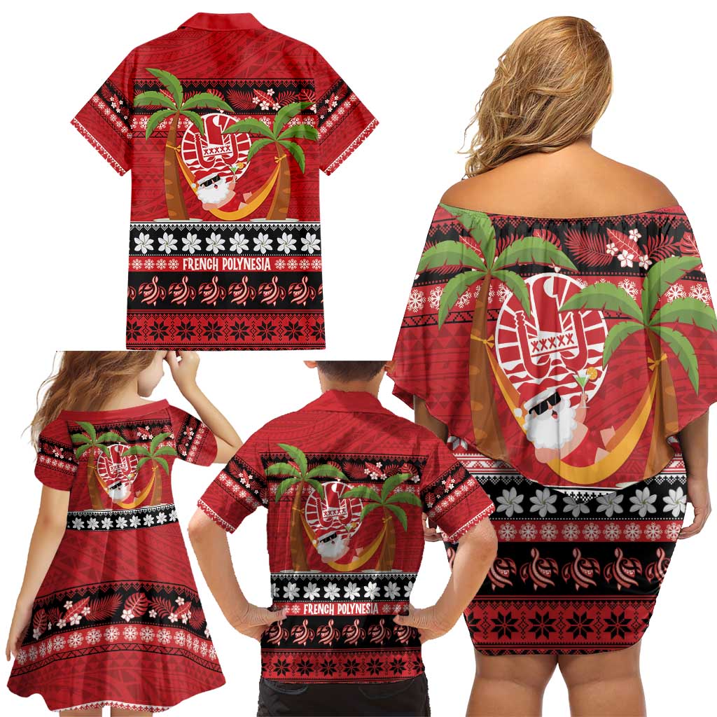 French Polynesia Christmas Family Matching Off Shoulder Short Dress and Hawaiian Shirt Tiare Chilling Santa Oaoa I teie Noera LT14 - Polynesian Pride