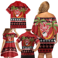 French Polynesia Christmas Family Matching Off Shoulder Short Dress and Hawaiian Shirt Tiare Chilling Santa Oaoa I teie Noera LT14 - Polynesian Pride
