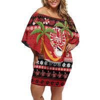 French Polynesia Christmas Family Matching Off Shoulder Short Dress and Hawaiian Shirt Tiare Chilling Santa Oaoa I teie Noera LT14 Mom's Dress Red - Polynesian Pride