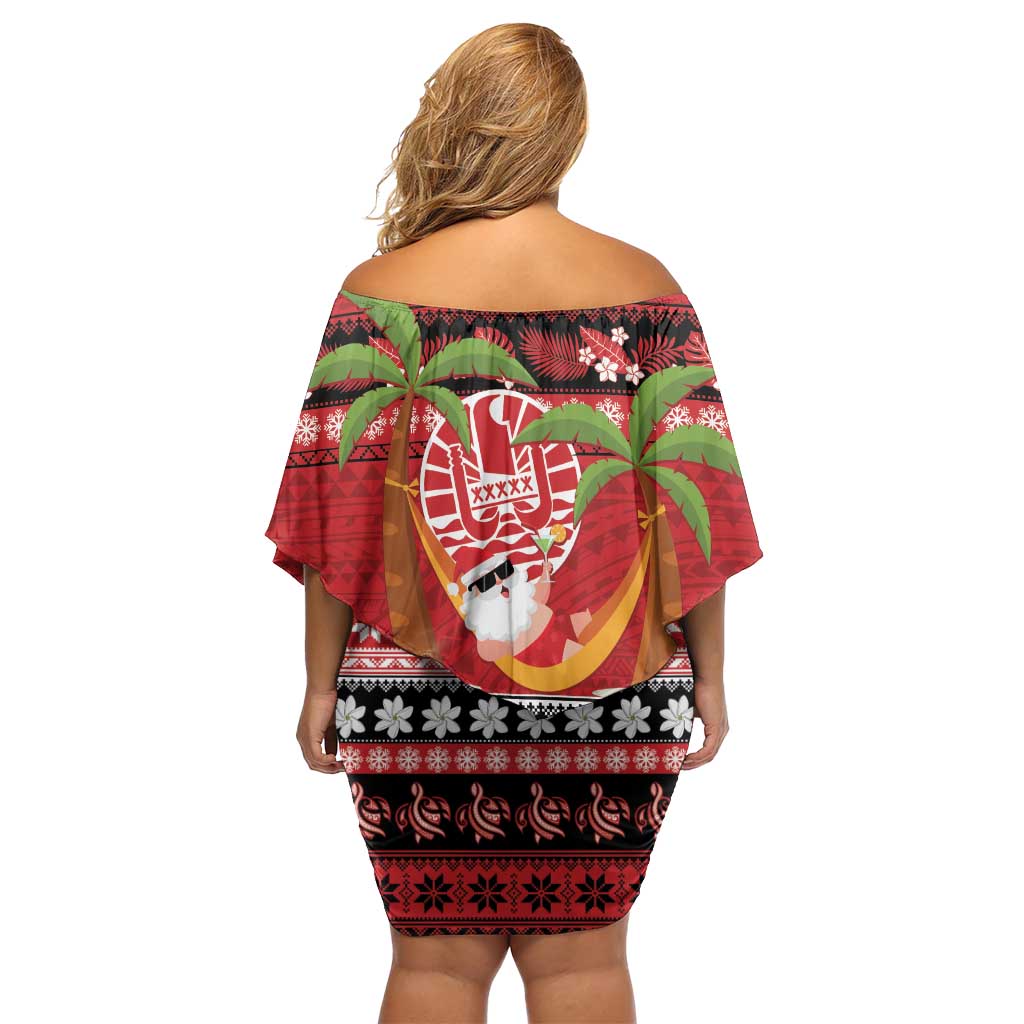 French Polynesia Christmas Family Matching Off Shoulder Short Dress and Hawaiian Shirt Tiare Chilling Santa Oaoa I teie Noera LT14 - Polynesian Pride