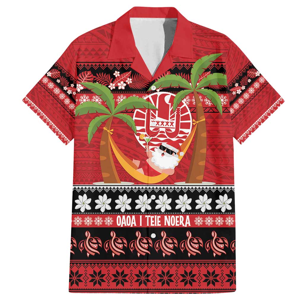 French Polynesia Christmas Family Matching Puletasi and Hawaiian Shirt Tiare Chilling Santa Oaoa I teie Noera LT14 Dad's Shirt - Short Sleeve Red - Polynesian Pride
