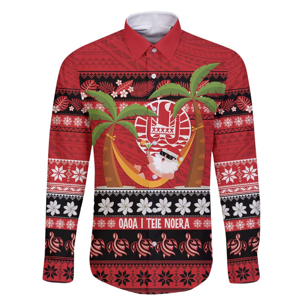 French Polynesia Christmas Family Matching Puletasi and Hawaiian Shirt Tiare Chilling Santa Oaoa I teie Noera LT14 Dad's Shirt - Long Sleeve Red - Polynesian Pride