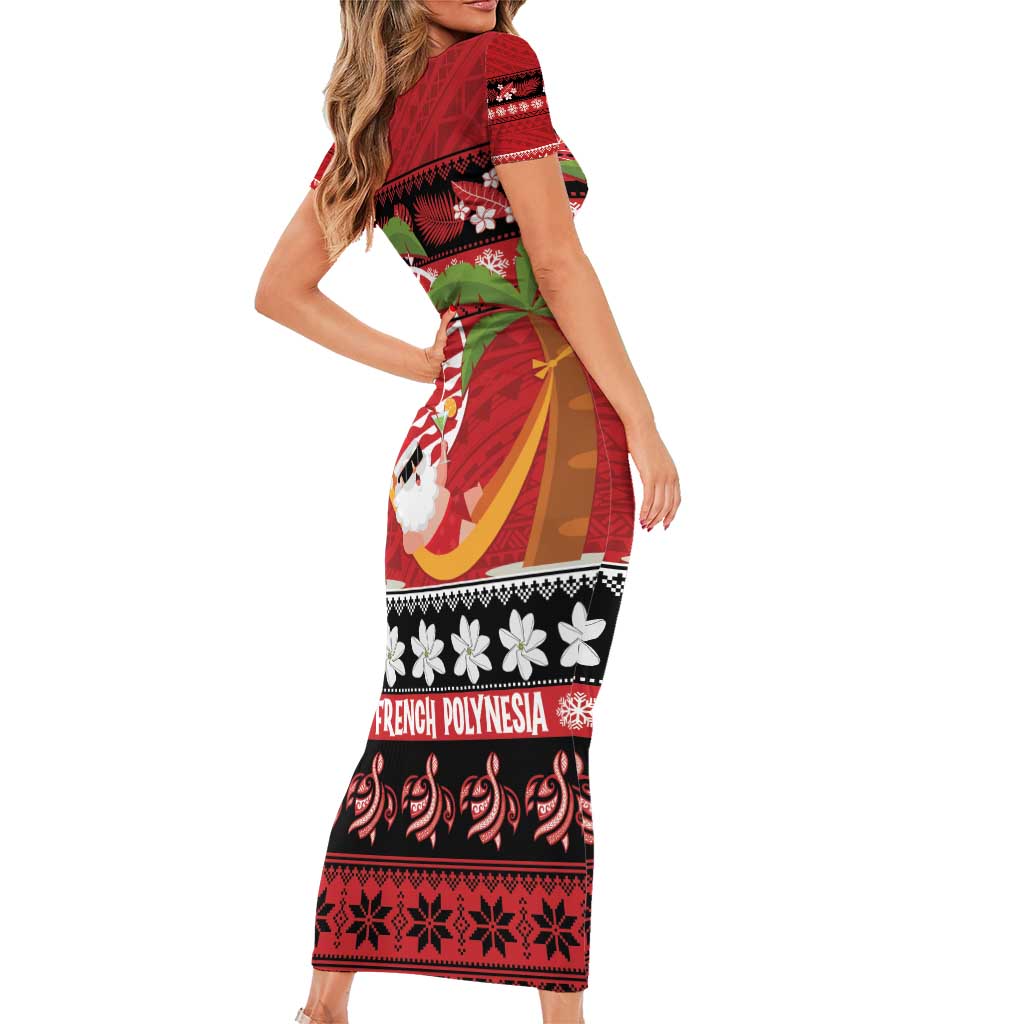 French Polynesia Christmas Family Matching Short Sleeve Bodycon Dress and Hawaiian Shirt Tiare Chilling Santa Oaoa I teie Noera LT14 - Polynesian Pride