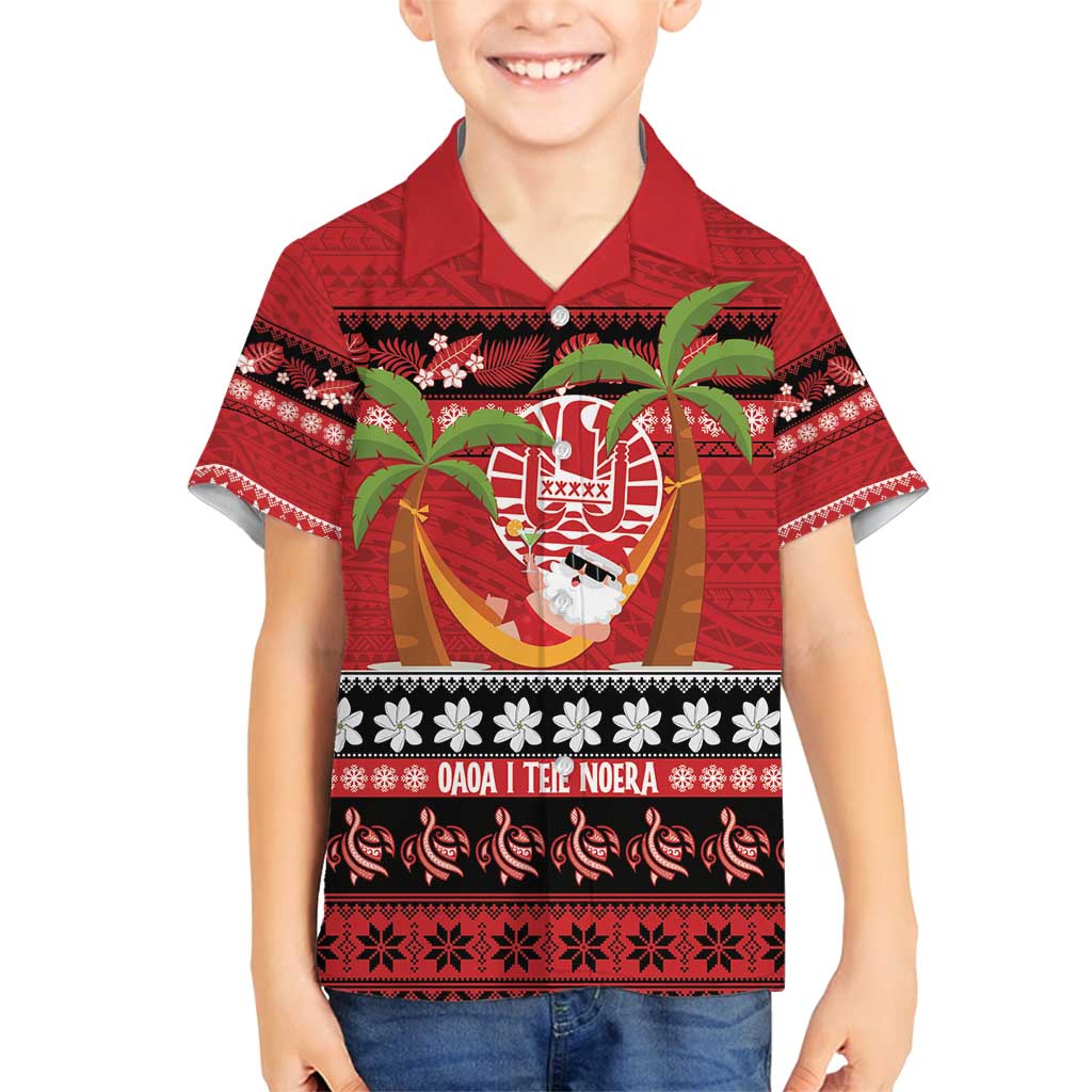 French Polynesia Christmas Family Matching Summer Maxi Dress and Hawaiian Shirt Tiare Chilling Santa Oaoa I teie Noera LT14 Son's Shirt Red - Polynesian Pride