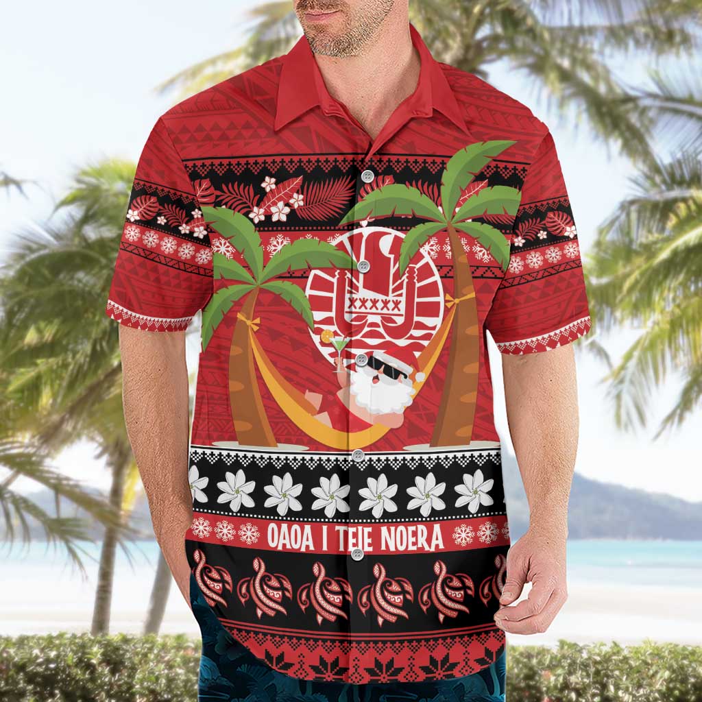 French Polynesia Christmas Hawaiian Shirt Tiare Chilling Santa Oaoa I teie Noera - Polynesian Pride