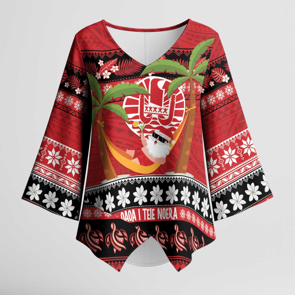 French Polynesia Christmas Kimono Sleeve Blouse Tiare Chilling Santa Oaoa I teie Noera - Polynesian Pride