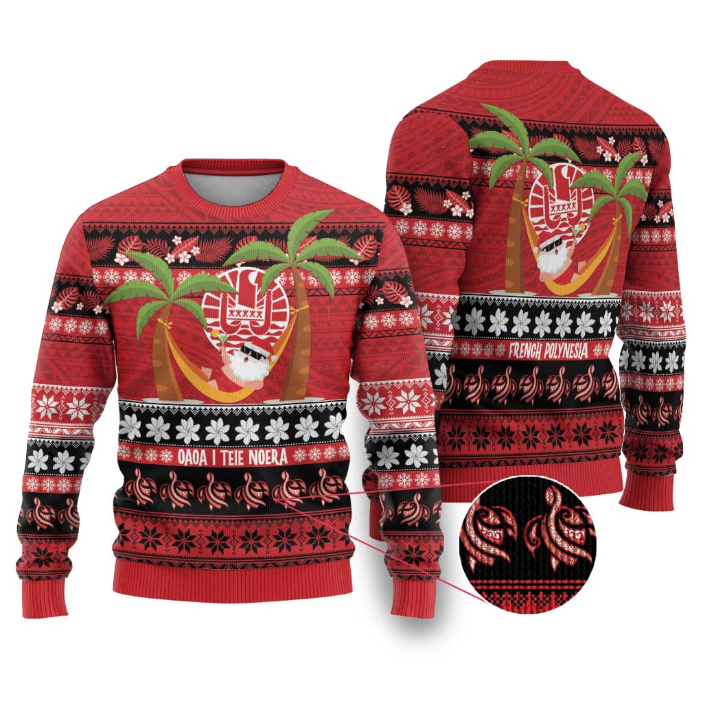 French Polynesia Christmas Ugly Christmas Sweater Tiare Chilling Santa Oaoa I teie Noera - Polynesian Pride