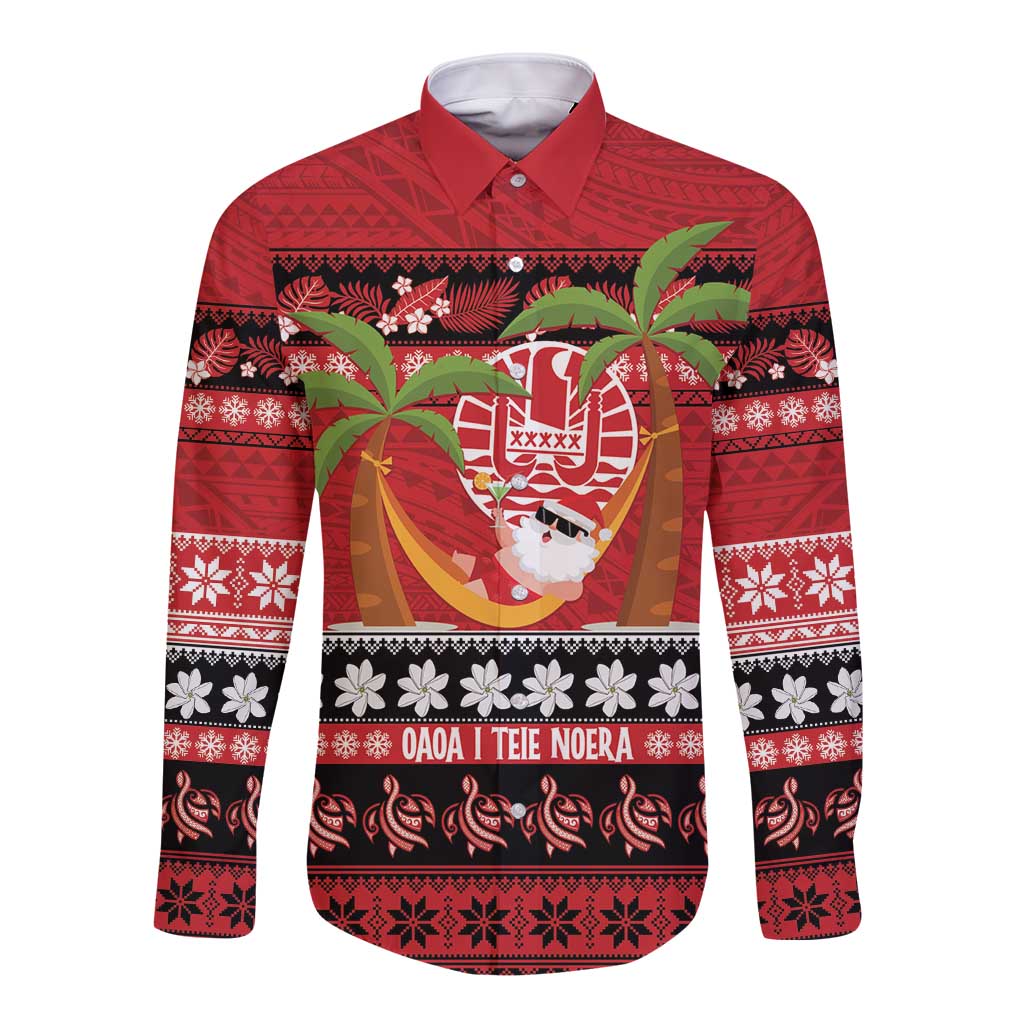 French Polynesia Christmas Long Sleeve Button Shirt Tiare Chilling Santa Oaoa I teie Noera - Polynesian Pride