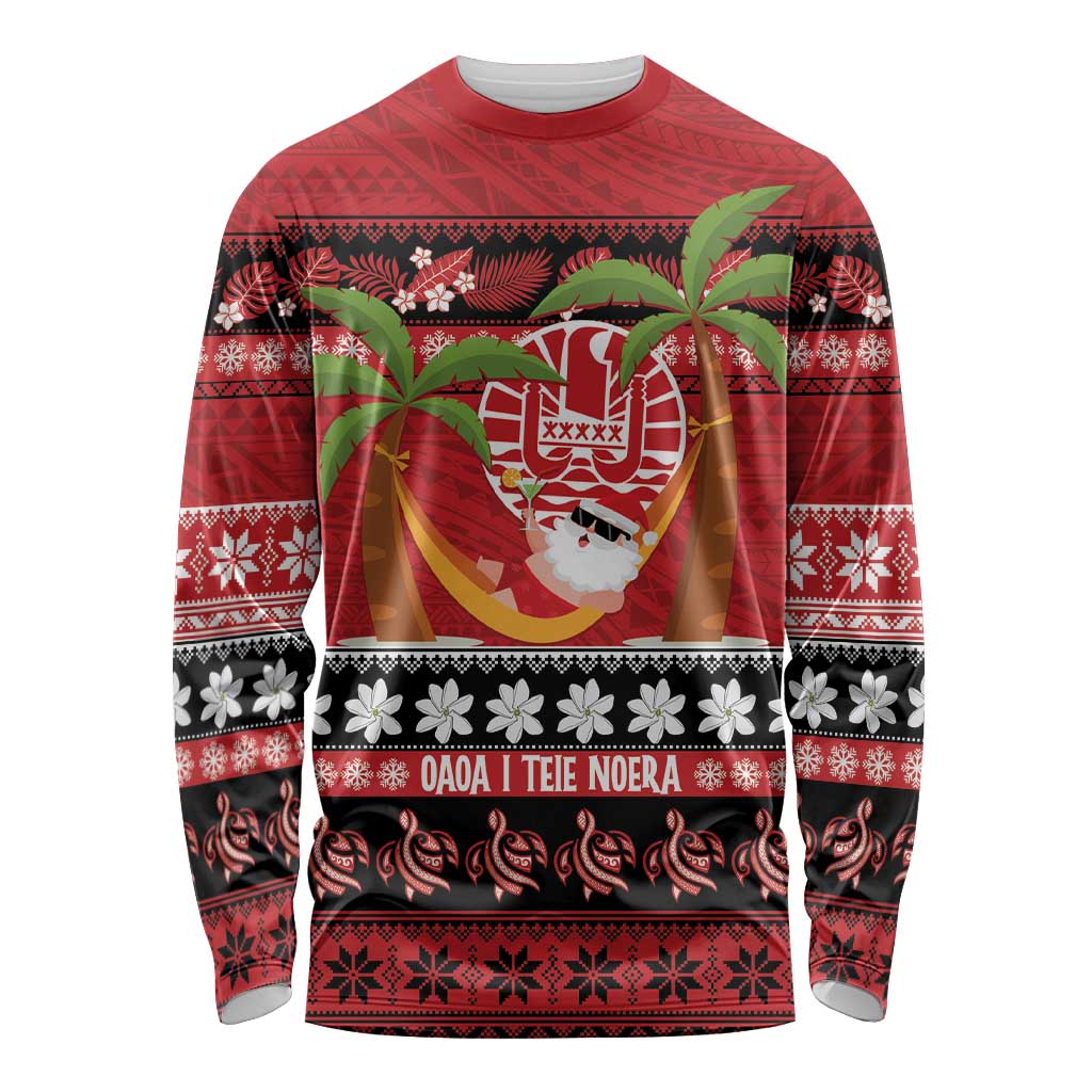 French Polynesia Christmas Long Sleeve Shirt Tiare Chilling Santa Oaoa I teie Noera - Polynesian Pride