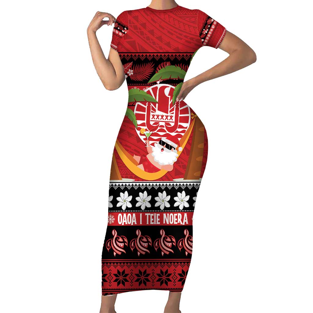 French Polynesia Christmas Short Sleeve Bodycon Dress Tiare Chilling Santa Oaoa I teie Noera - Polynesian Pride