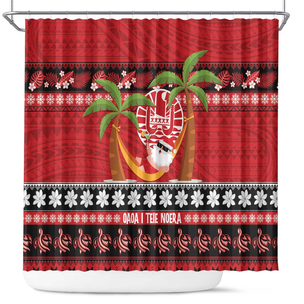 French Polynesia Christmas Shower Curtain Tiare Chilling Santa Oaoa I teie Noera - Polynesian Pride