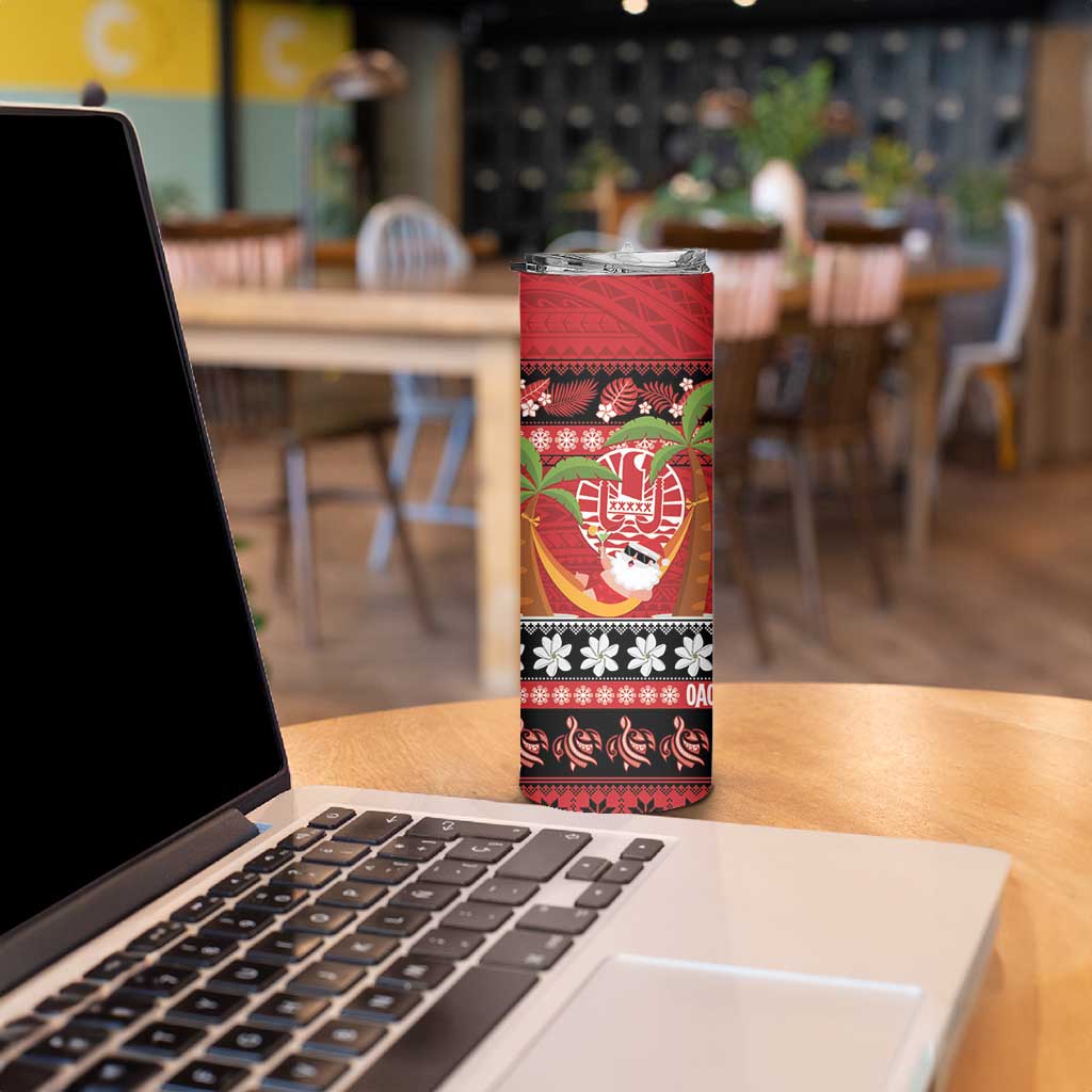 French Polynesia Christmas Skinny Tumbler Tiare Chilling Santa Oaoa I teie Noera - Polynesian Pride