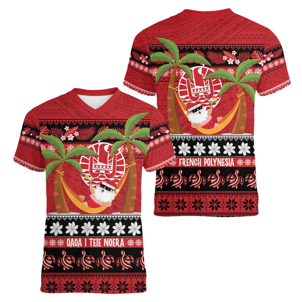 French Polynesia Christmas Women V-Neck T-Shirt Tiare Chilling Santa Oaoa I teie Noera - Polynesian Pride