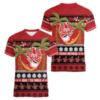 French Polynesia Christmas Women V-Neck T-Shirt Tiare Chilling Santa Oaoa I teie Noera - Polynesian Pride