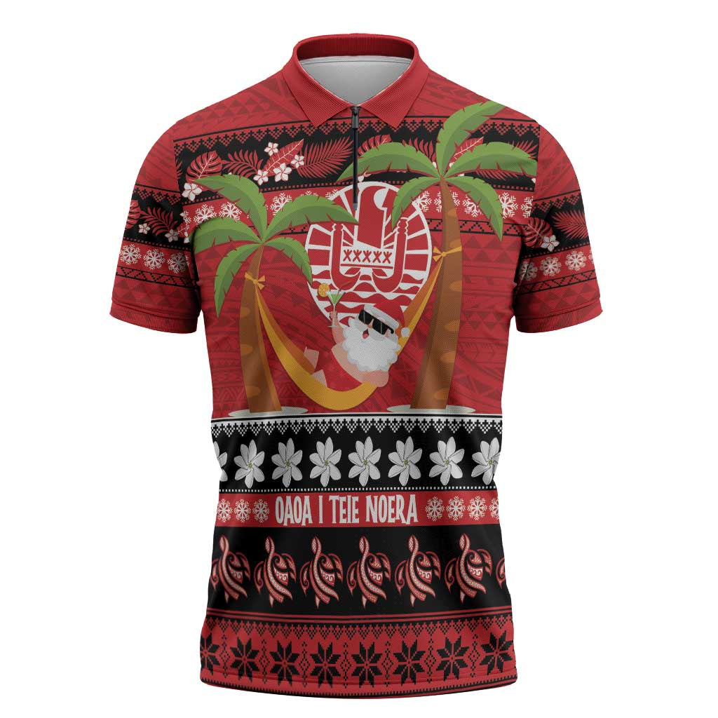 French Polynesia Christmas Zipper Polo Shirt Tiare Chilling Santa Oaoa I teie Noera - Polynesian Pride