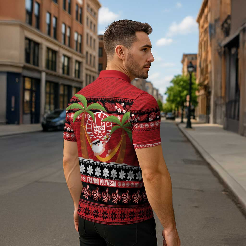 French Polynesia Christmas Zipper Polo Shirt Tiare Chilling Santa Oaoa I teie Noera - Polynesian Pride
