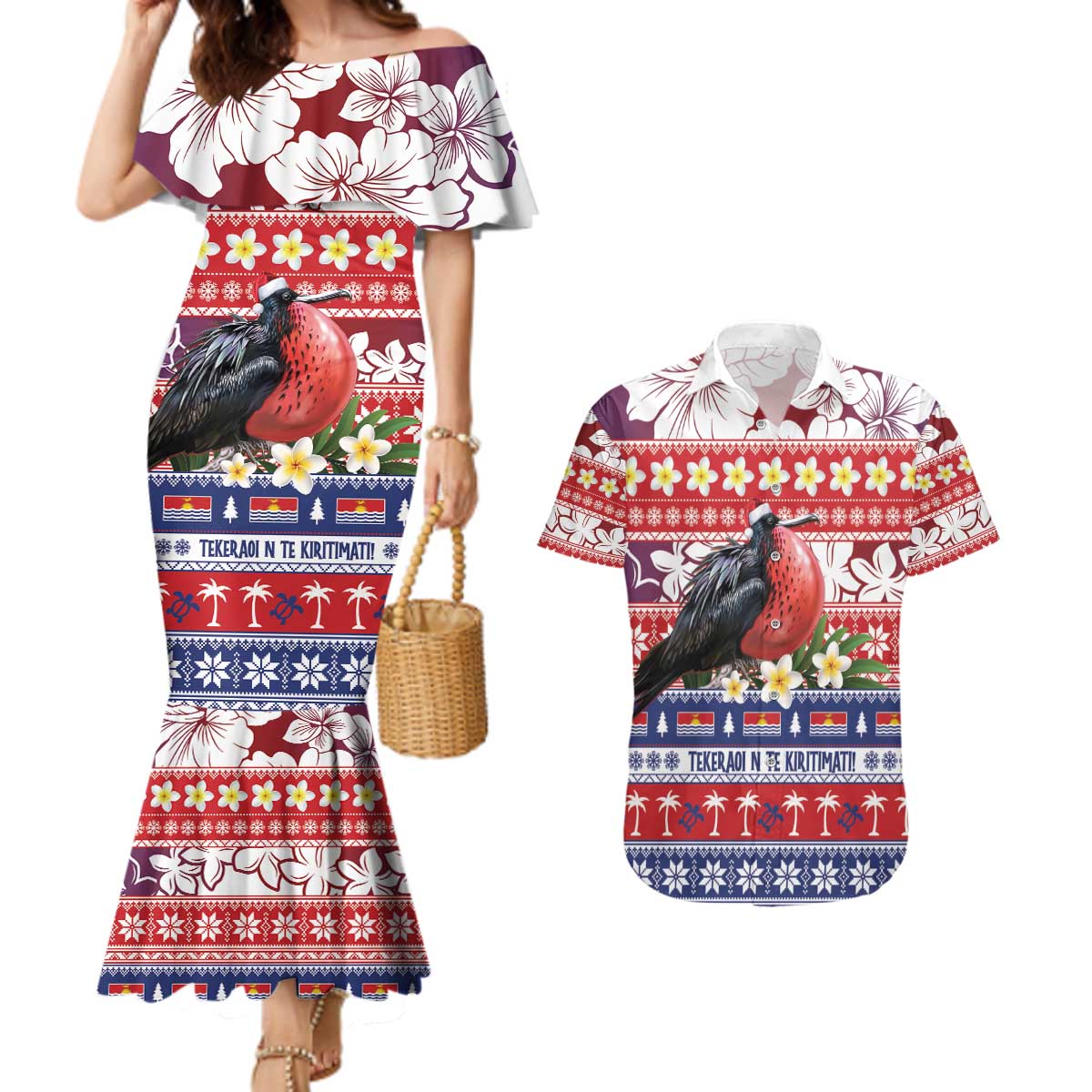 Kiribati Christmas Couples Matching Mermaid Dress and Hawaiian Shirt Frigatebird Santa Tekeraoi n te Kiritimati LT14 Red - Polynesian Pride