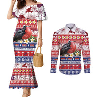 Kiribati Christmas Couples Matching Mermaid Dress and Long Sleeve Button Shirt Frigatebird Santa Tekeraoi n te Kiritimati LT14 Red - Polynesian Pride