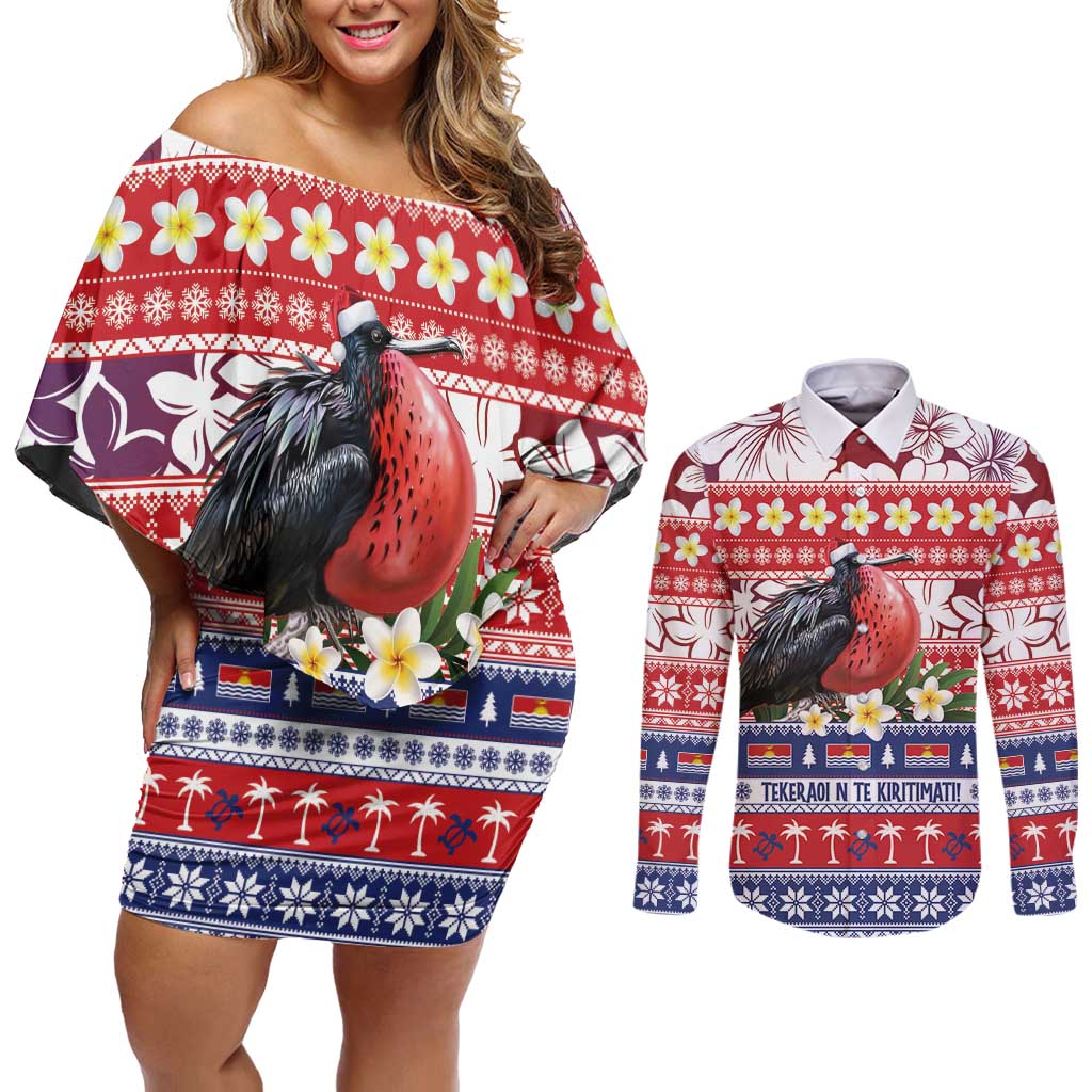 Kiribati Christmas Couples Matching Off Shoulder Short Dress and Long Sleeve Button Shirt Frigatebird Santa Tekeraoi n te Kiritimati LT14 Red - Polynesian Pride