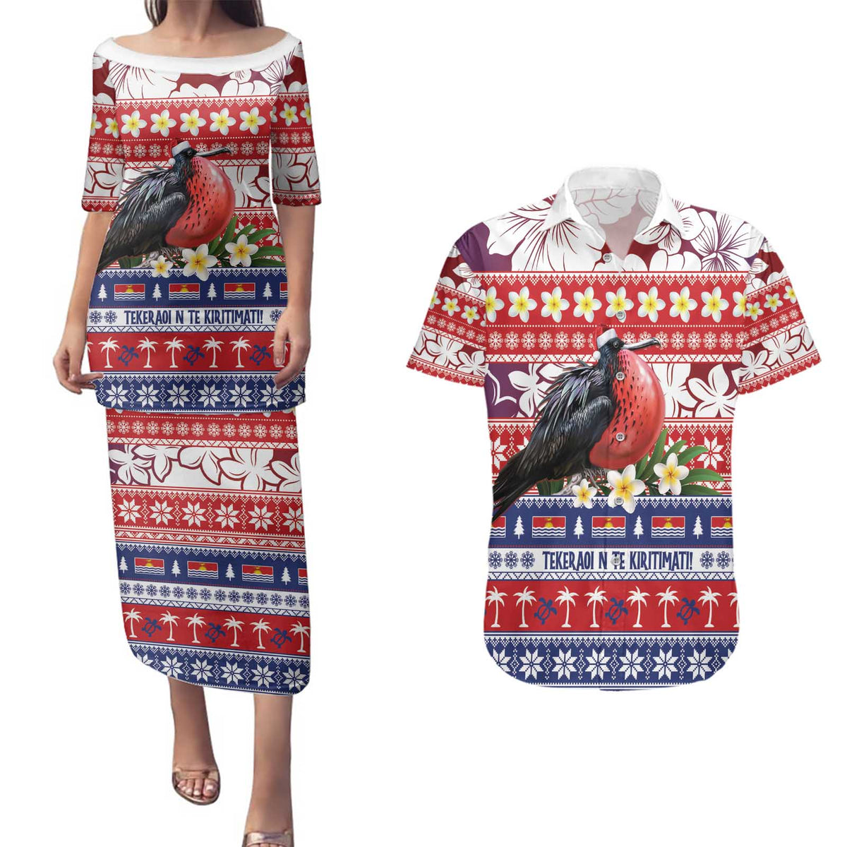 Kiribati Christmas Couples Matching Puletasi and Hawaiian Shirt Frigatebird Santa Tekeraoi n te Kiritimati LT14 Red - Polynesian Pride