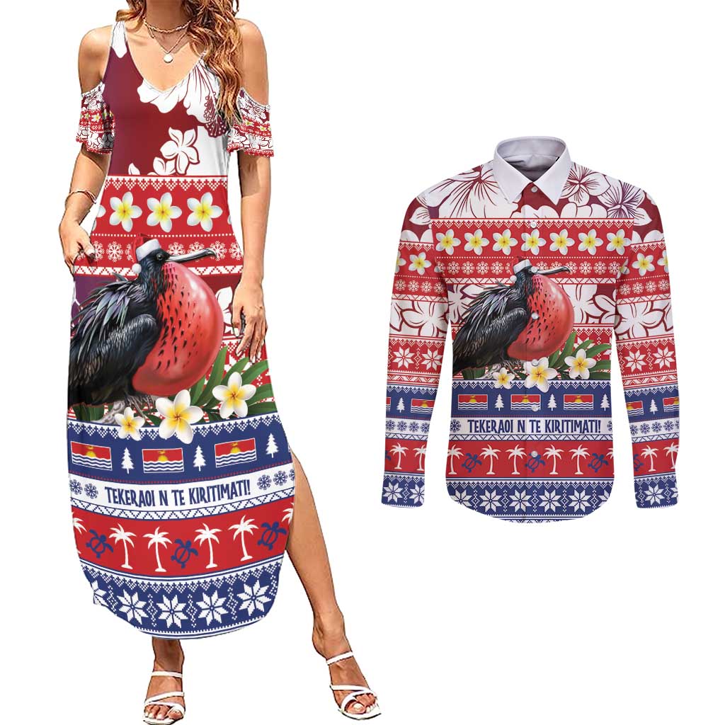 Kiribati Christmas Couples Matching Summer Maxi Dress and Long Sleeve Button Shirt Frigatebird Santa Tekeraoi n te Kiritimati LT14 Red - Polynesian Pride