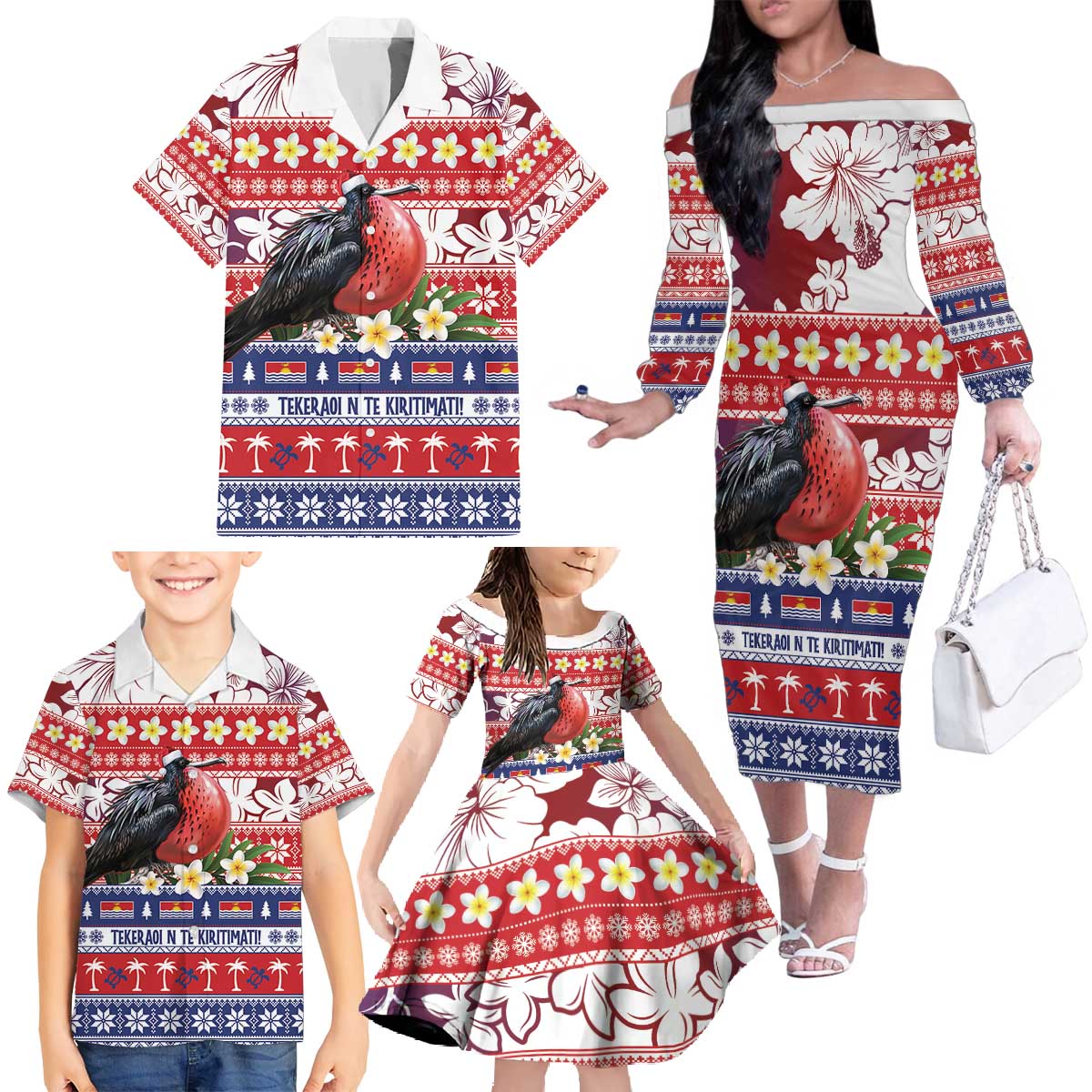 Kiribati Christmas Family Matching Off The Shoulder Long Sleeve Dress and Hawaiian Shirt Frigatebird Santa Tekeraoi n te Kiritimati LT14 - Polynesian Pride