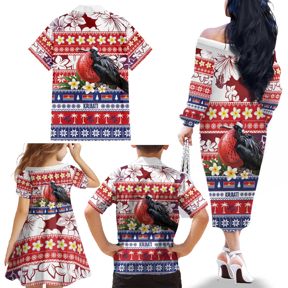 Kiribati Christmas Family Matching Off The Shoulder Long Sleeve Dress and Hawaiian Shirt Frigatebird Santa Tekeraoi n te Kiritimati LT14 - Polynesian Pride