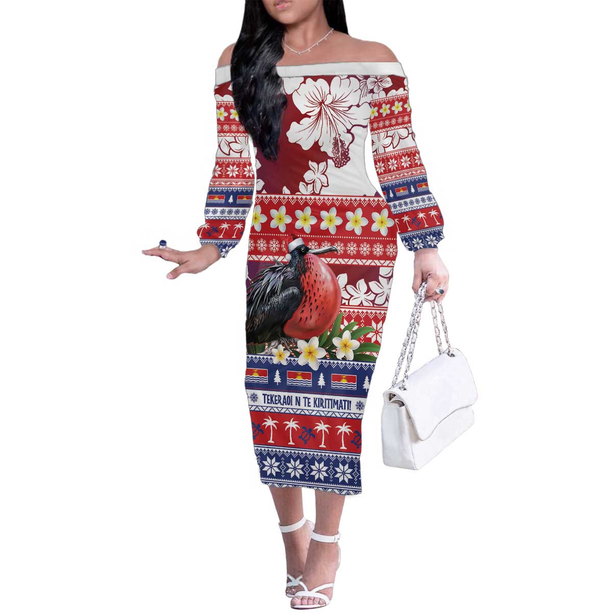 Kiribati Christmas Family Matching Off The Shoulder Long Sleeve Dress and Hawaiian Shirt Frigatebird Santa Tekeraoi n te Kiritimati LT14 Mom's Dress Red - Polynesian Pride