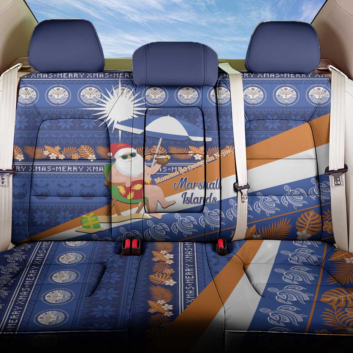 Marshall Islands Christmas Back Car Seat Cover Beachy Santa Monono ilo raaneoan Nejin LT14 One Size Blue - Polynesian Pride