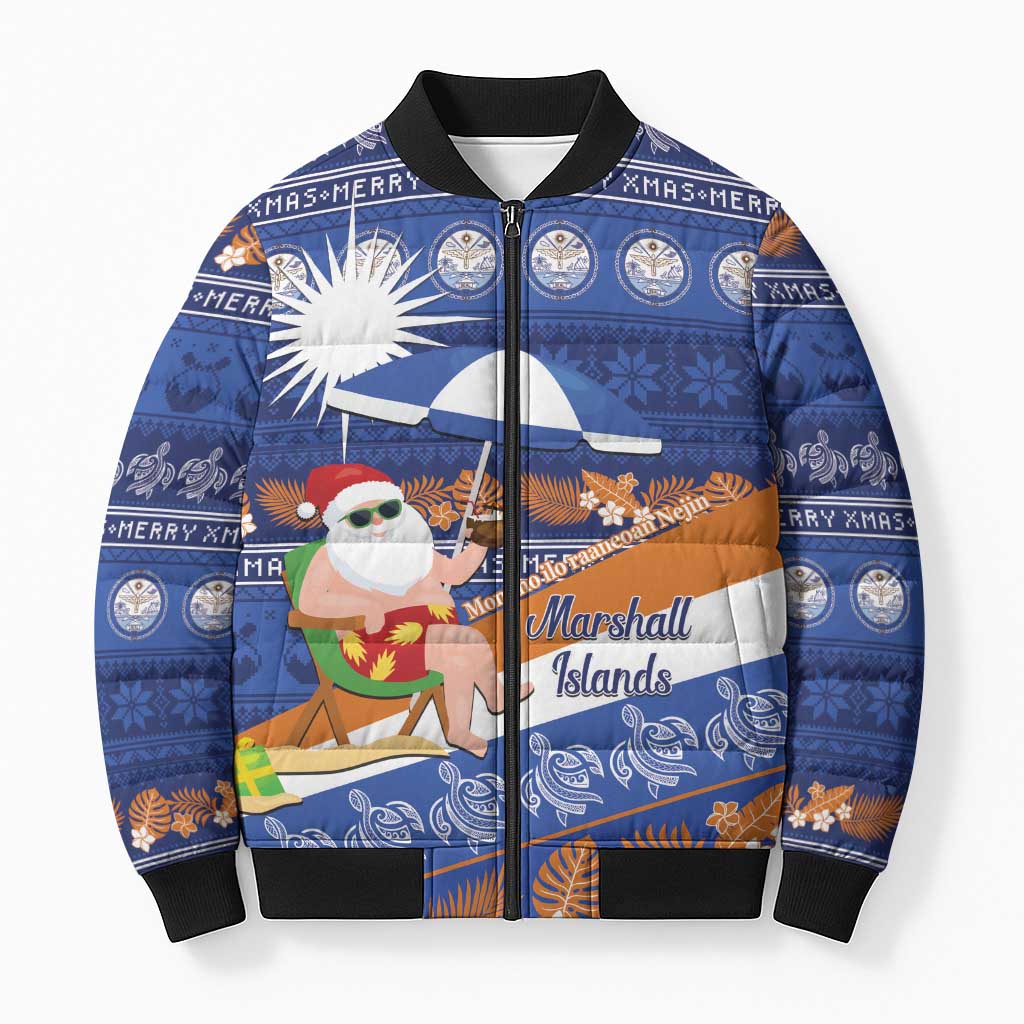 Marshall Islands Christmas Bomber Puffer Jacket Beachy Santa Monono ilo raaneoan Nejin LT14 Unisex Blue - Polynesian Pride